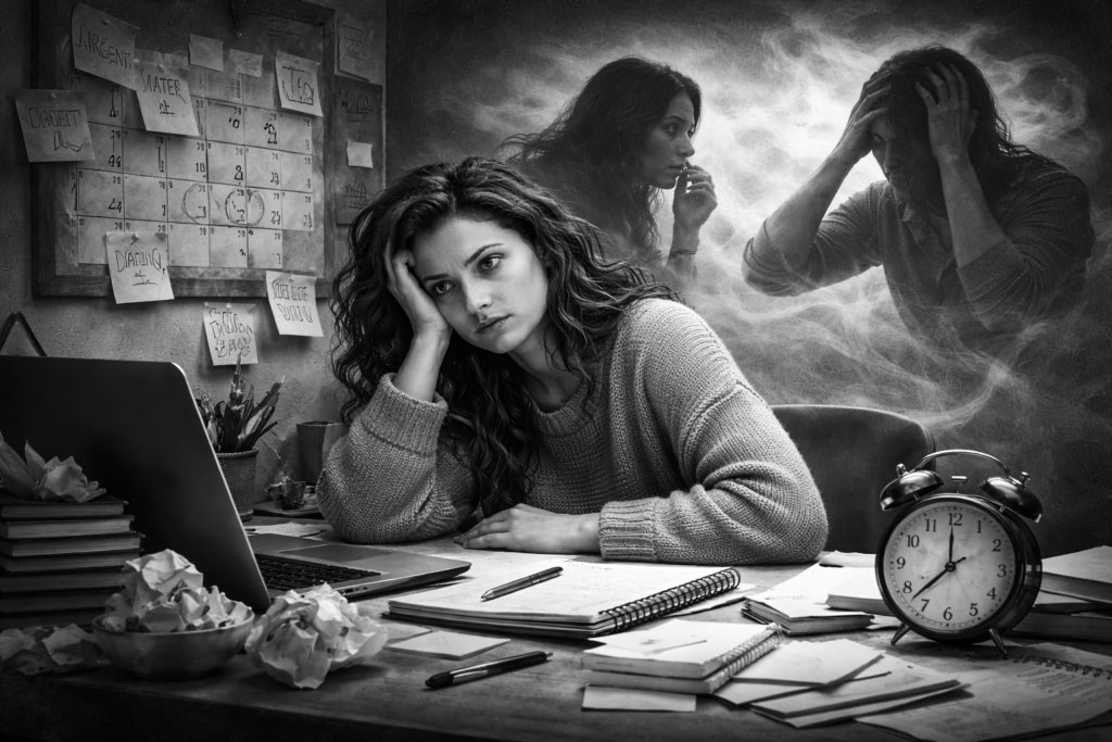 Prokrastynacja a lęk – kobieta przy biurku odkładająca zadania z powodu wewnętrznego napięcia i lęku