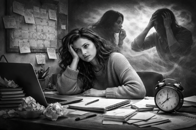 Prokrastynacja a lęk – kobieta przy biurku odkładająca zadania z powodu wewnętrznego napięcia i lęku