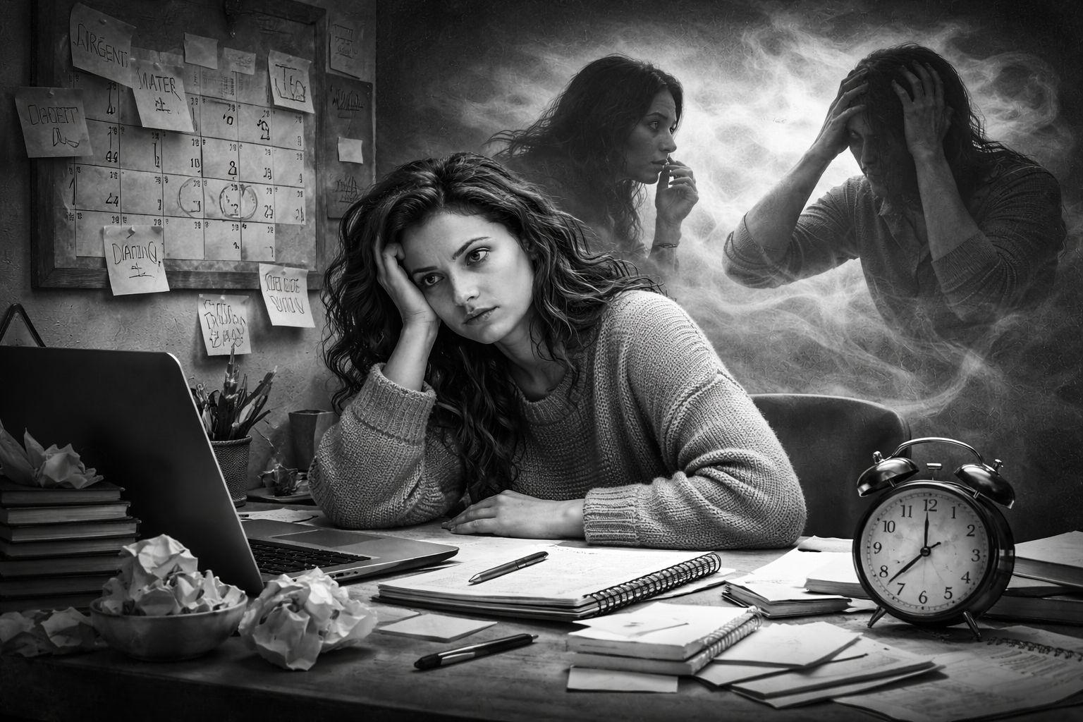 Prokrastynacja a lęk – kobieta przy biurku odkładająca zadania z powodu wewnętrznego napięcia i lęku