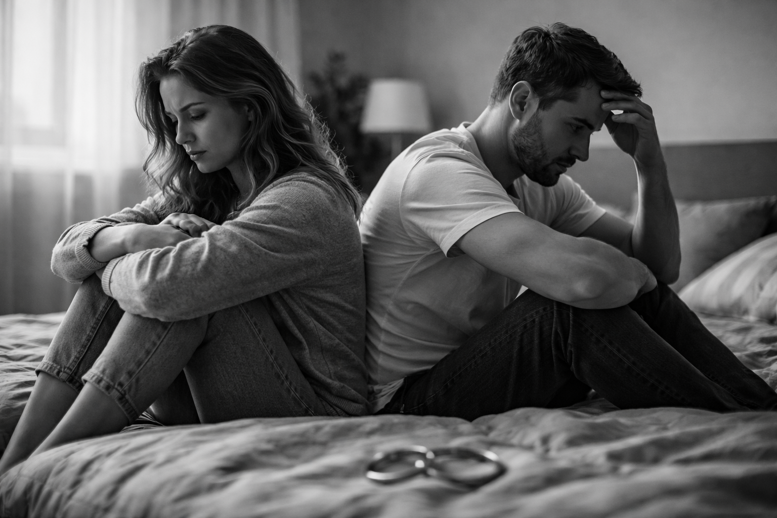 Przymus powtarzania w relacjach – para odwrócona plecami do siebie po konflikcie z obrączkami na łóżku